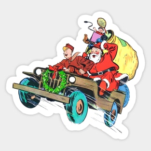 Retro Christmas Military truck at full speed with soldier carrying Santa Claus to deliver gift toys in Christmas fun Vintage Comic Book Sticker